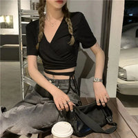 2023 Summer Casual Tee Tops Women T shirts Solid V-neck Sexy Cropped Cross Tie-Up Harajuku Basic Korean Street T-shirts mujer