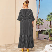 Dress Summer Women 2021 Autumn Three Quarter Sleeve Striped Print Casual Dress Black Ruffles Maxi Long Dresses