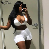 Hugcitar 2021 Sleeve V-Neck Sexy Crop Tank Top Biker Shorts 2 Piece Set Autumn Winter Women Fashion Streetwear Tracksuit