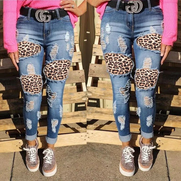 Patchwork Jeans Women Leopard Ripped Jeans Woman Trousers Ladies Femme Fashion Long Denim Pants 2021 Pantalones Vaqueros Mujer