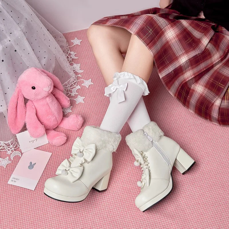 Winter Warm Fleece Fur Decoration Sweet Lolita Shoes Women Ankle Boots Cosplay Kawaii Princess Platform Girl Botas Plus Size 43