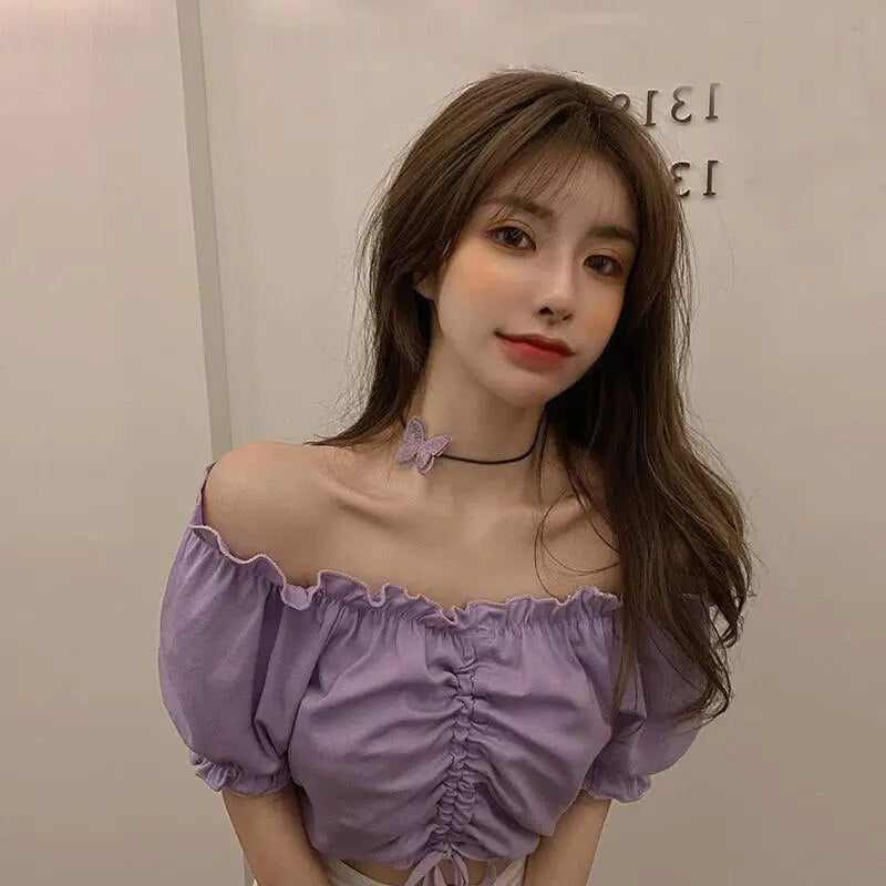 Fashion Blouses Woman Sexy Off Shoulder Crop Top Ruffles Shirt Puff Sleeve Harajuku Tee Shirt Chiffon Youth Elegant Blouse