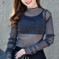 New Fashion Women Mesh Sheer T-Shirts Party Long Sleeve Blouses All-matched Popular T-Shirt Sexy Transparent Ladies Tops