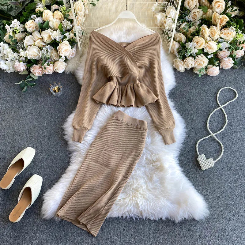 SINGRAIN Autumn Women Shiny Knitting Skirts Sets Lurex Ruffles Long Sleeves Wool Warm Sweater knitted Two Pieces Set Women
