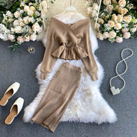 SINGRAIN Autumn Women Shiny Knitting Skirts Sets Lurex Ruffles Long Sleeves Wool Warm Sweater knitted Two Pieces Set Women