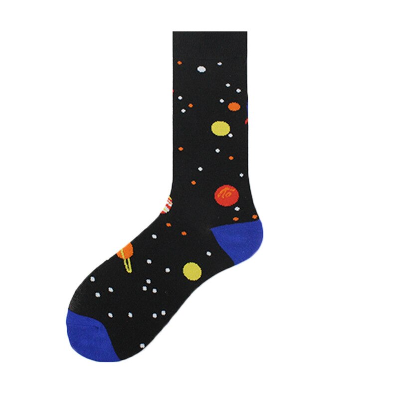 Happy Funny Unisex Painting UFO Astronaut Outer Space Rocket Star War Men Crew Socks Streetwear Cotton Male Skateboard Dress