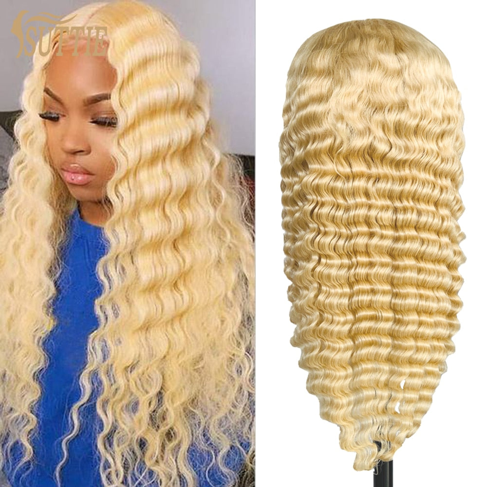 Suttie 613 Deep Wave Lace Front Human Hair Curly Wigs 13x4 13x6 HD Lace Frontal Wig Curly Human Hair Honey Blonde Wigs For Women