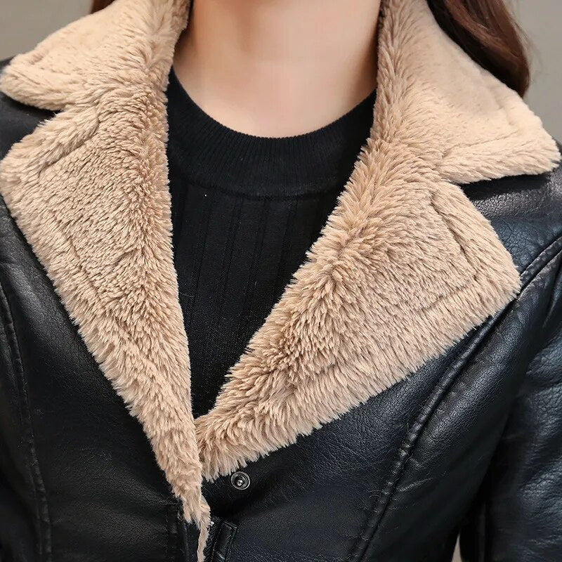 2023 Autumn Winter Women Leather Jacket Faux Fur Coat Warm Plush Thicken Female Slim Short Outwear Biker Motorcycle Clothes