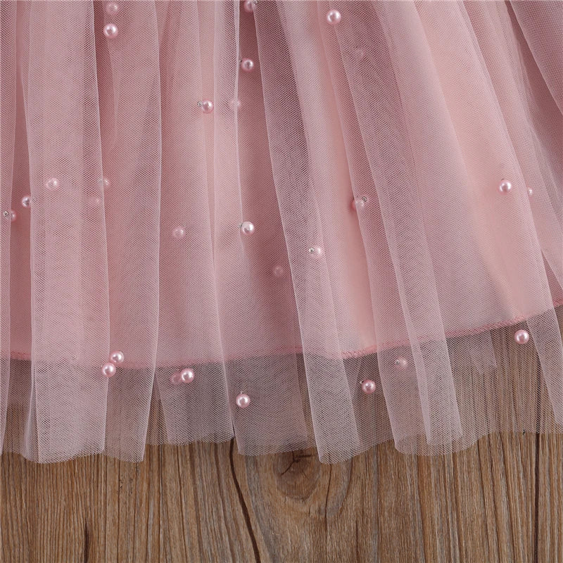 Princess Girl Dress Ruffles Sleeve Solid Pearl Lace Patchwork Back Bowknot Tutu Dress Pageant Wedding Ball Gown Party Dresses