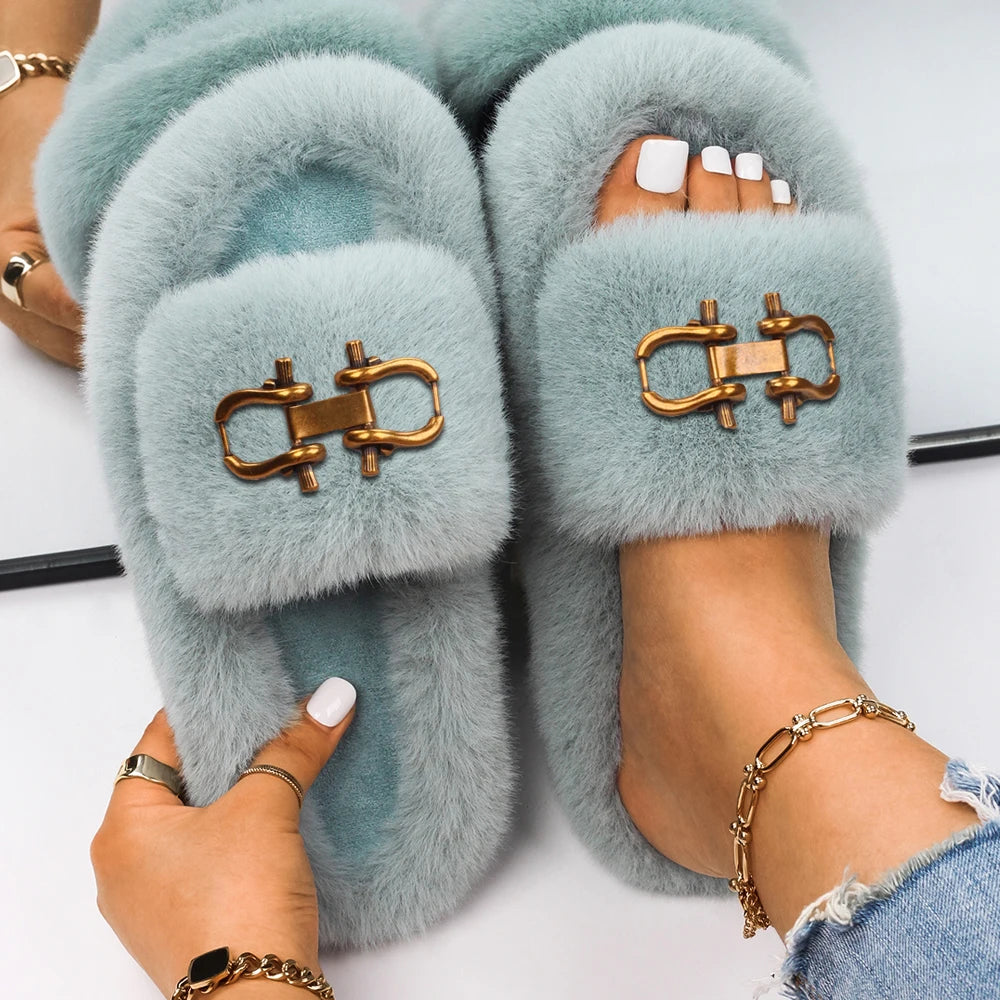 Fashion Slippers Women Buckle Decor Furry Slides Ladies Fluffy Flip Flops Luxury Designer Fur Sandals Cute Slippers Casual Shoes