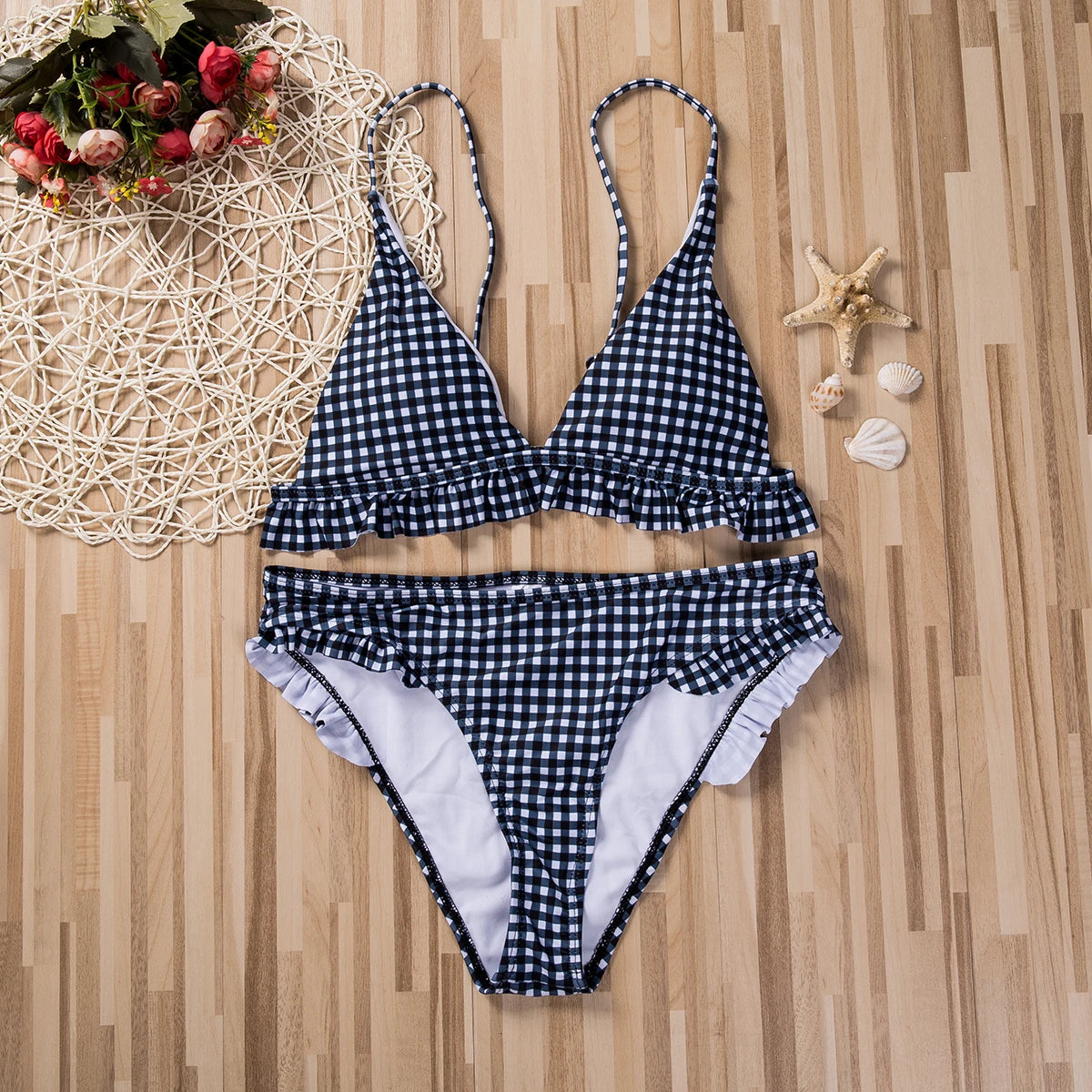 Summer New Plaid Sexy Bikini Set Push Up Ruffles Padded Swimwear Bikini Women Bathing Suit Beachwear Swimming Suit Set