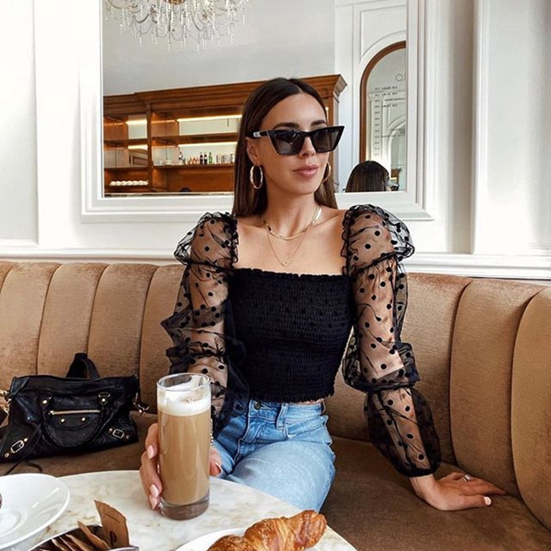 Sexy Mesh See-through Women Blouse Square Neck Polka Dot Puff Tube Top Sheer Long Sleeve Elastic Shirt Clubwear Party Streetwear