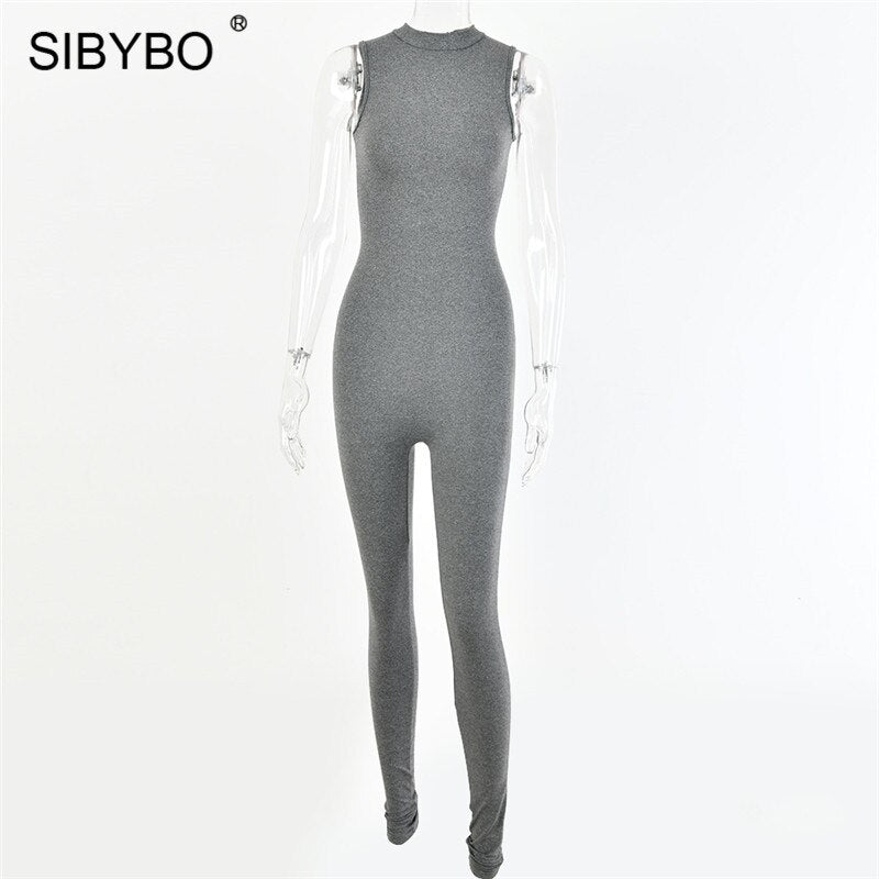 Sibybo Black Sleeveless Summer Jumpsuit Rompers Womens 2022 Zipper Activewear Slim Jumpsuit Femme Fitness Sport Casual Overalls