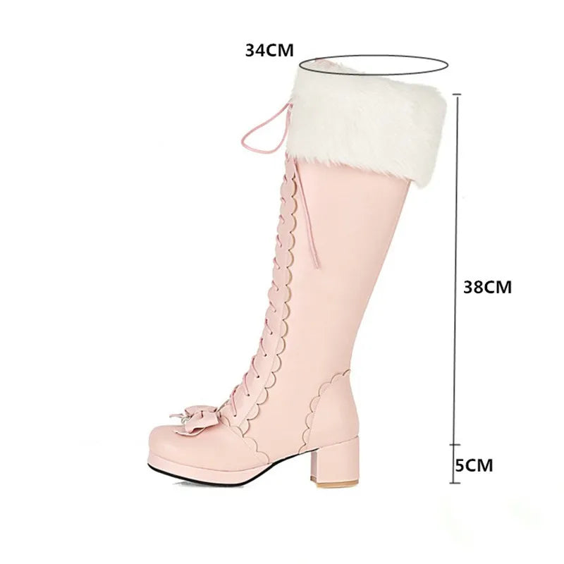 PXELENA Hot Plus Size 34-43 Women Wedding Shoes White Pink Fur Bowtie Ruffles Princess Uniform Lolita Cosplay JK Knee High Boots