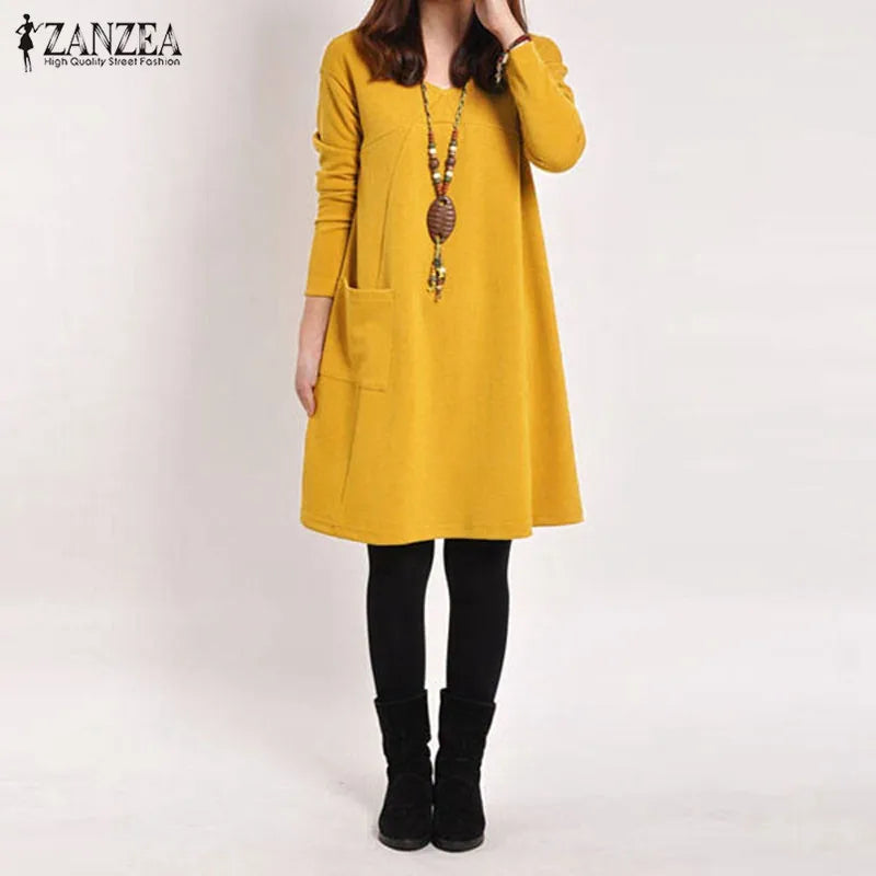 Zanzea 2023 Autumn Winter Women Long Sleeve Pocket Dress Solid O Neck Casual Loose Dresses Vestidos  S-