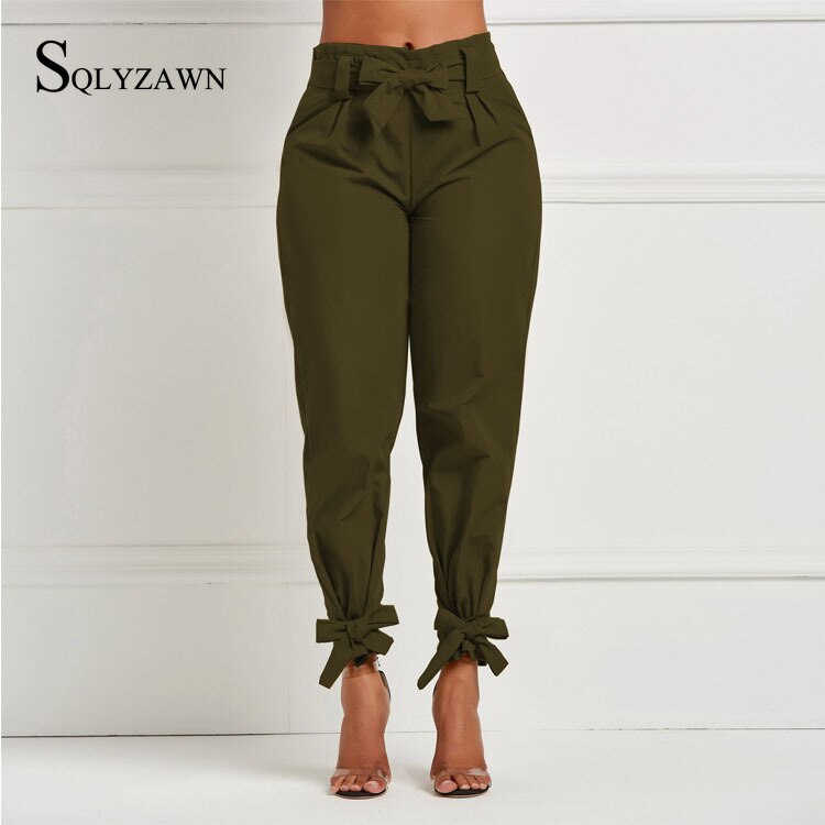 Women Summer Solid Color Harem Pants with Waist Belt Bowtie Solid Trousers Ladies Casual Fashion Fashion Clothing Streetwear