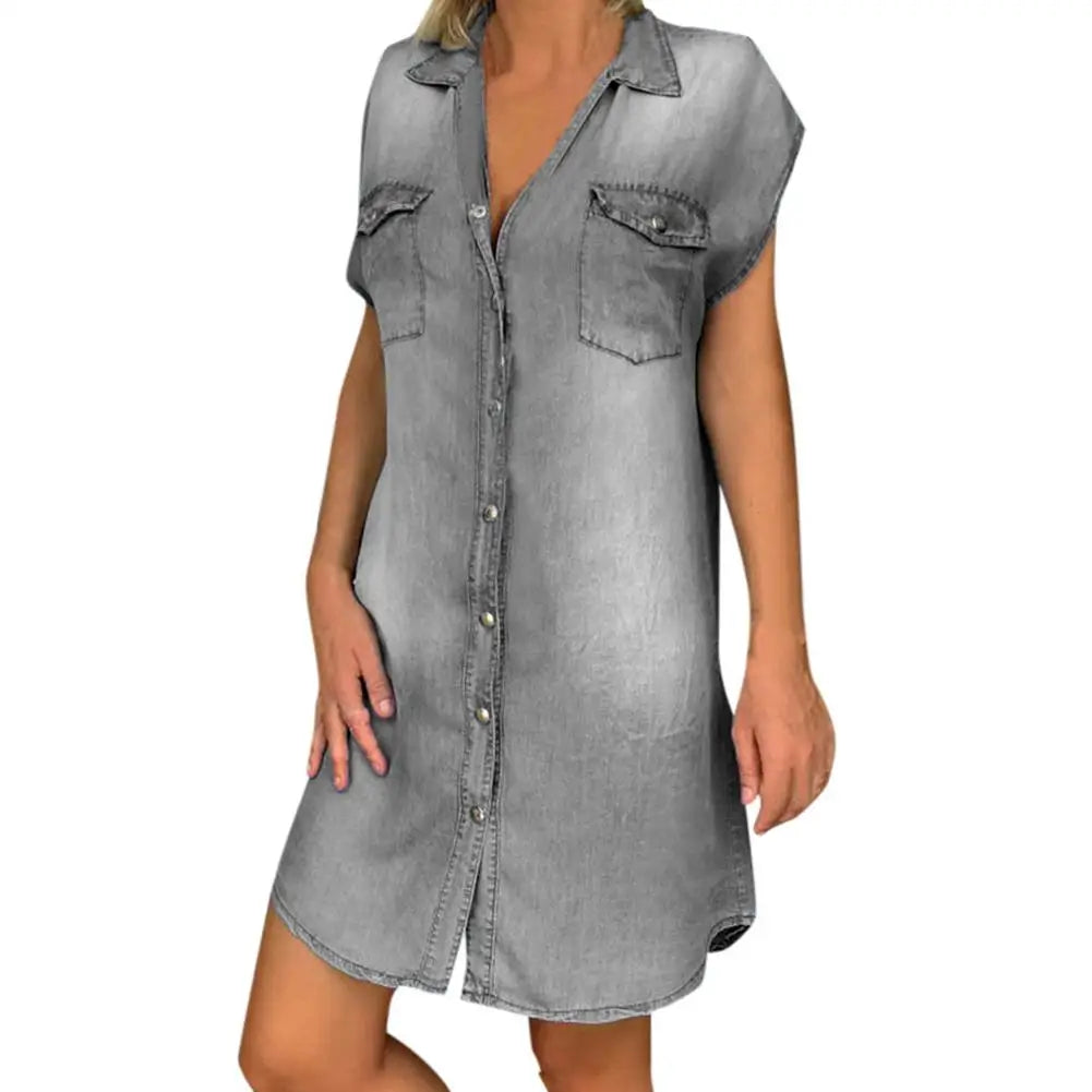 Fashion Women Dress Turn Down Collar Single-breasted Pockets Knee-length Vintage Denim Dresses for Women Summer 2021