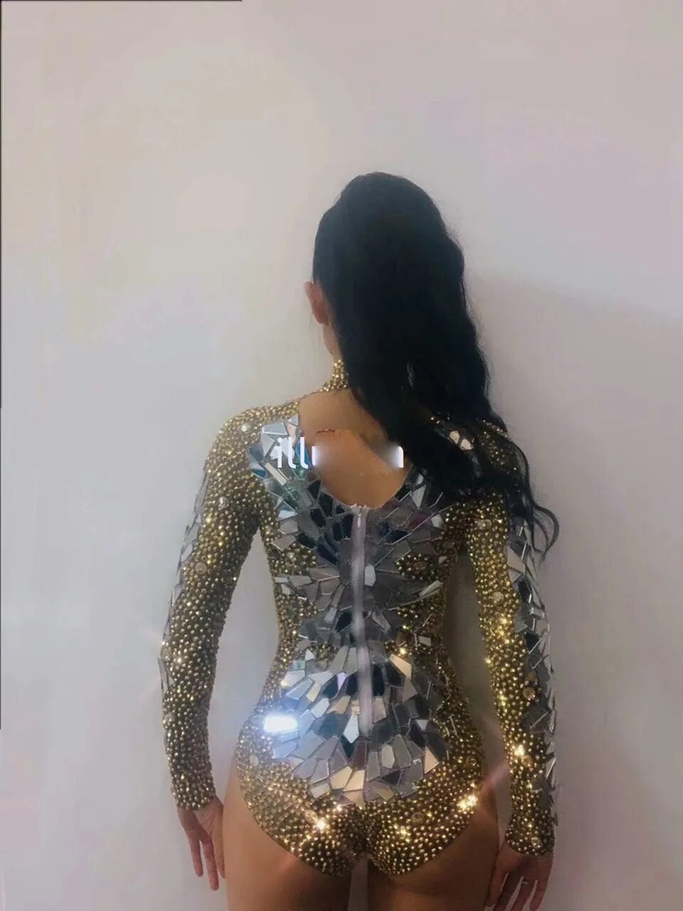 Sparkly Gold Rhinestones Mirrors Shining Bodysuit Women Birthday Celebrity Prom Party Outfit Singer Stage Rompers Dance Costume