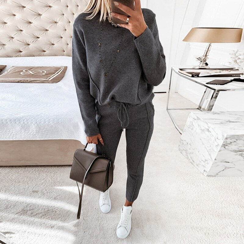 2021 Spring Winter Long Sleeve Pullover Top Drawstring Pants Casual Trousers Two Piece Set Womens Tracksuit Clothing Sport Suits