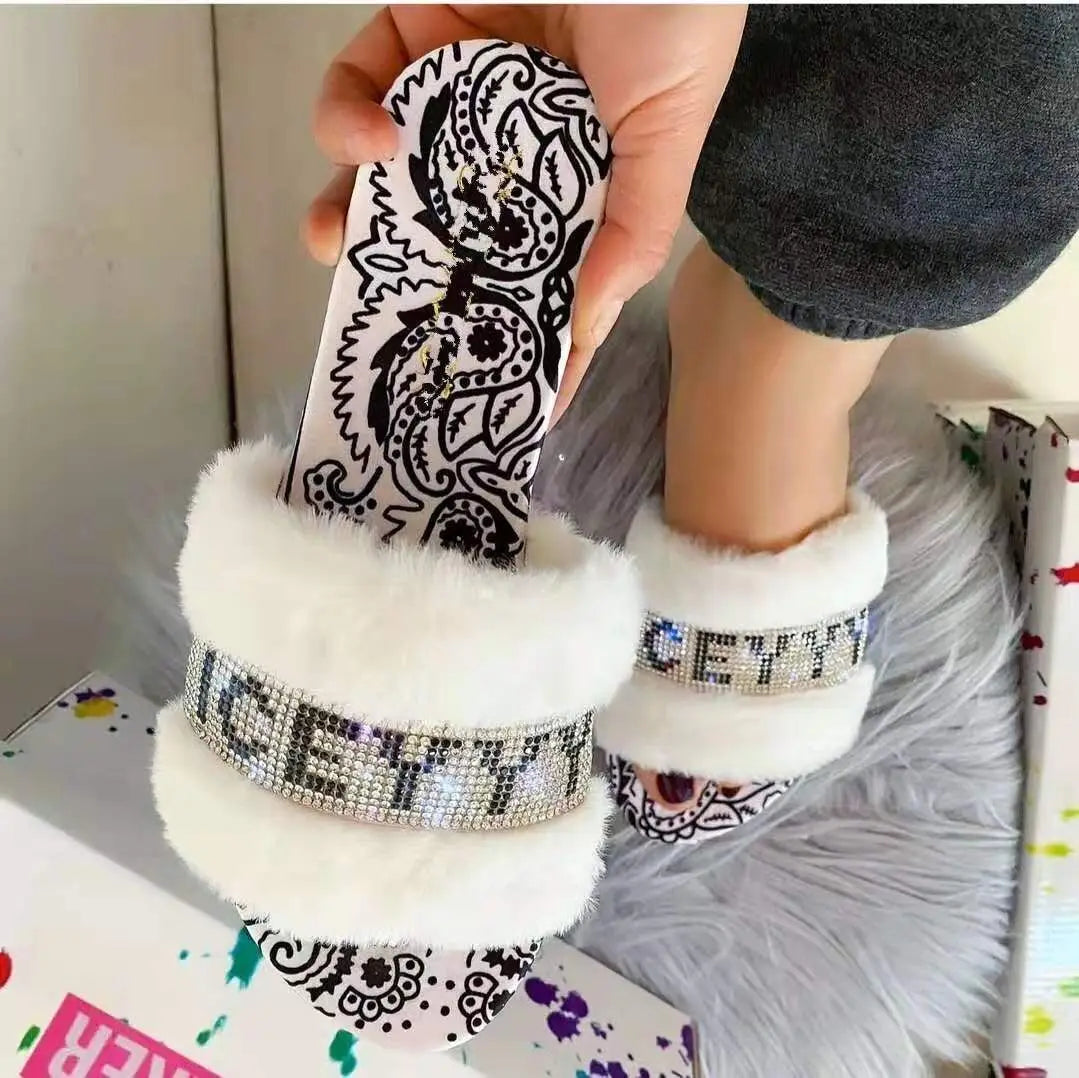 2023 new Women's Warm Slipper Crystal Soft Ladies Shoes Woman Female Shoe Rhinestone Decor Fluffy Slippers