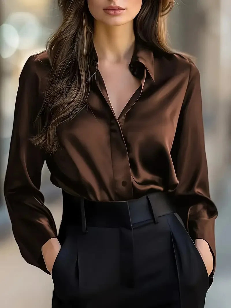 Women Autumn Solid-Color Fashionable Elegant Long-Sleeve Button-Down Shirt
