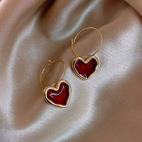 2023 Korean Fashion Jewelry Shining Rhinestone Hollow Heart Drop Earrings for Women Girls Vintage Red Crystal Earrings