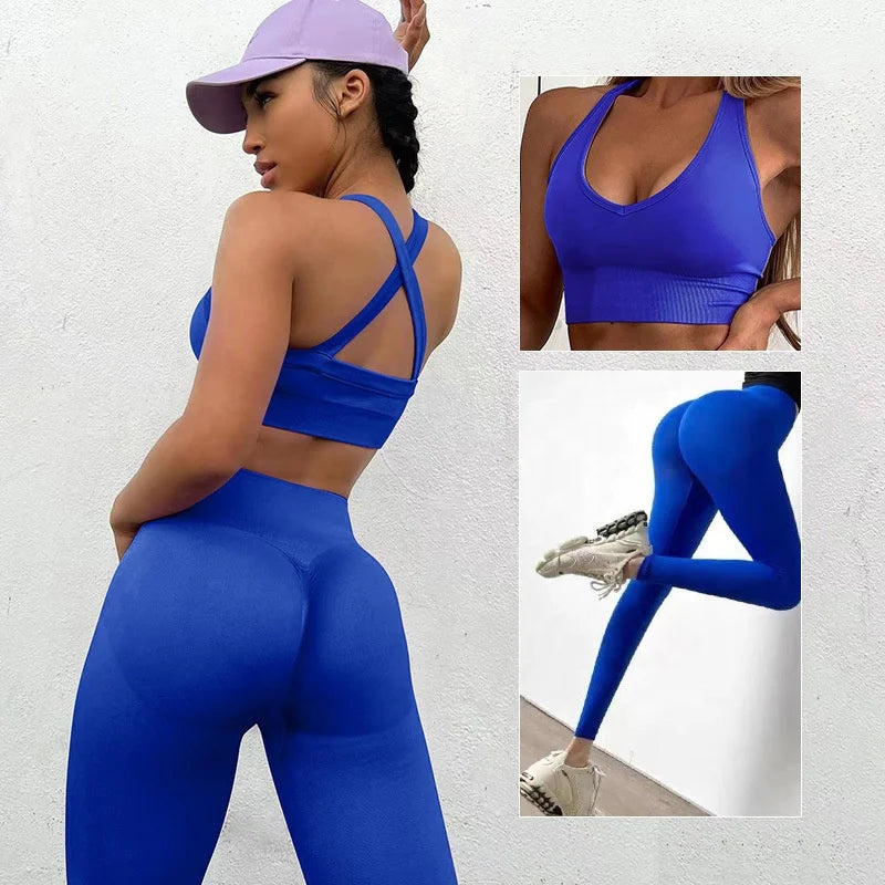 Women Seamless Suit Sportswear Sport Bra and Pants Booty Scrunch Tights Yoga Clothes High Elastic Gym Set Fitness Workout