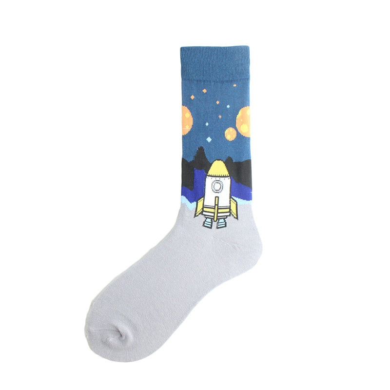 Happy Funny Unisex Painting UFO Astronaut Outer Space Rocket Star War Men Crew Socks Streetwear Cotton Male Skateboard Dress
