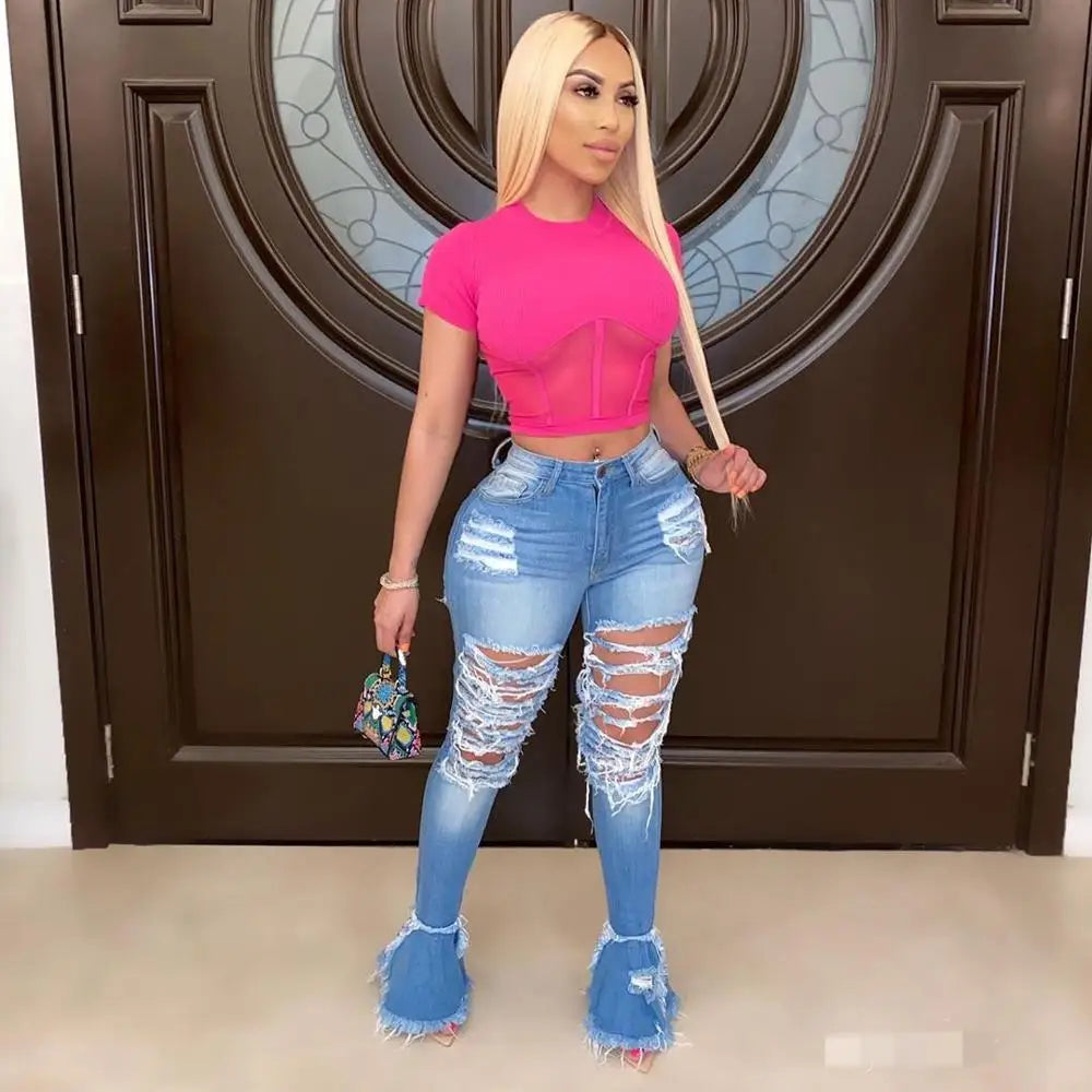 Echoine Sexy Ripped jeans Fringe Hollow out Ruffle Flare denim