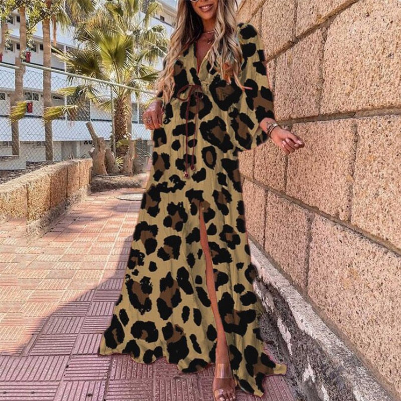 Elegant Deep V Neck Printing Hem Maxi Dresses Women Casual Button Elastic Waist Long Party Dress Summer Loose Slit Beach Dress