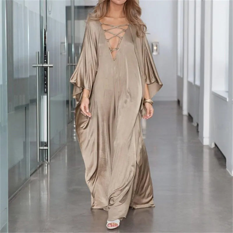 2023 Champagne Gold Sexy Lace Up Plunging Neck Bats Sleeve Loose Long Summer Beach Dress Satin Women Beachwear Maxi Dress N877