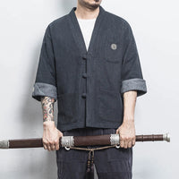 Mens Denim Shirts  Summer Men Casual Cardigan Male Chinese Style Shirt Three Quarter Streetwear Open Stitch Shirts Men Dress