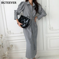 BGTEEEVR Chic Turn-down Collar Women Long Plaid Dress Fashion Single-breasted Belted Female Dress Full Sleeve Bodycon Vestidos