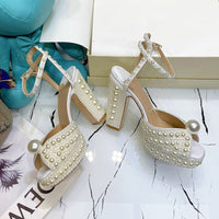 2021 Sexy Pearl Platform Sandals Women Open Toe Rhinestone Diamond Square High Heels Shoes