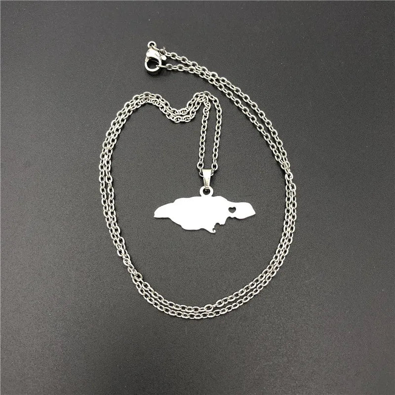 Fashion Jewelry Stainless Steel Chains Heart Jamaica Map Pendant Necklaces for Women Statement Choker National Jewelery Gift