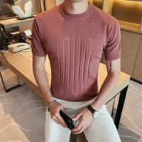 British style Summer Solid Short Sleeve Knitted T-shirt Men Fashion O-Neck Stripe Slim Fit Tee High Quality Men Clothing 6Colors