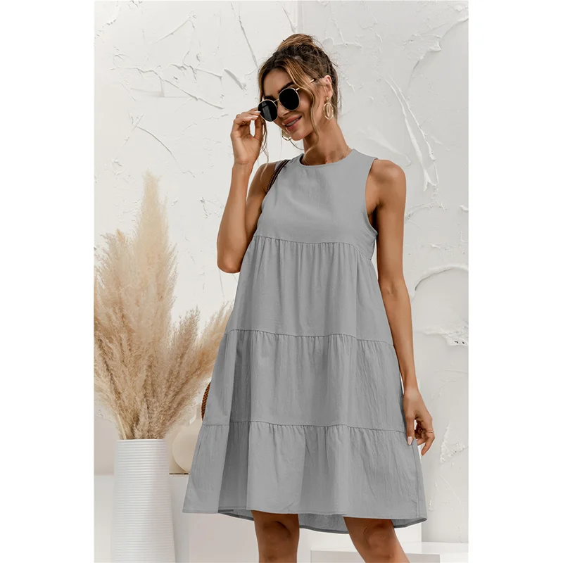 Loose Summer Vest Cotton Dress Sleeveless Solid Color Mid-length Dress Large Sewing Casual Swing 2023 Summer Women's