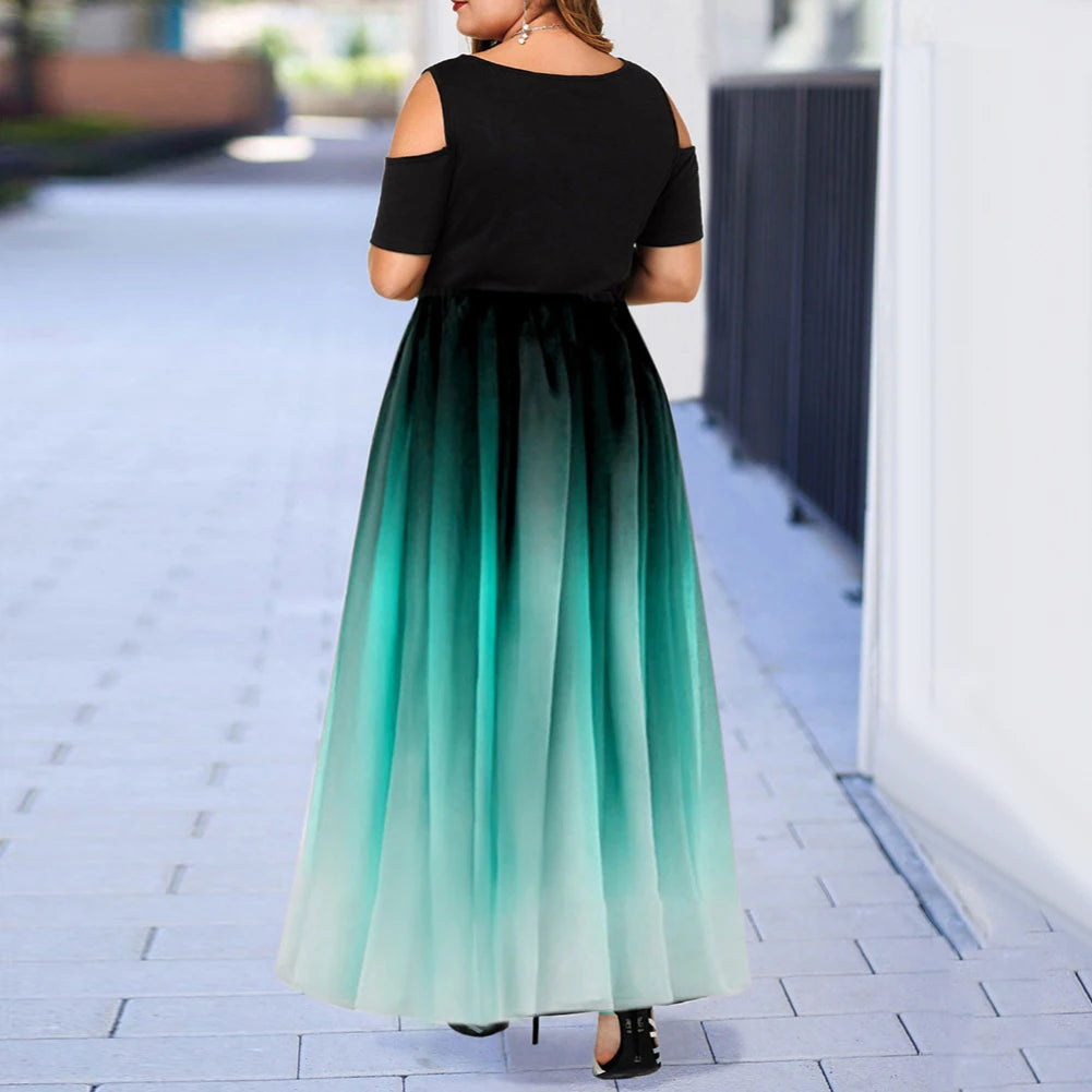 Large Big Size Long Dresses Women Summer Short Sleeve Casual Swing Dress, Female Gradient Print Elegant Maxi Dress
