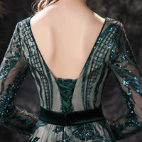 Long Evening Dresses Gorgeous Elegant Muslim Mermaid Long Sleeve Sequined Hunter Green Prom Party Formal Occasion Gown