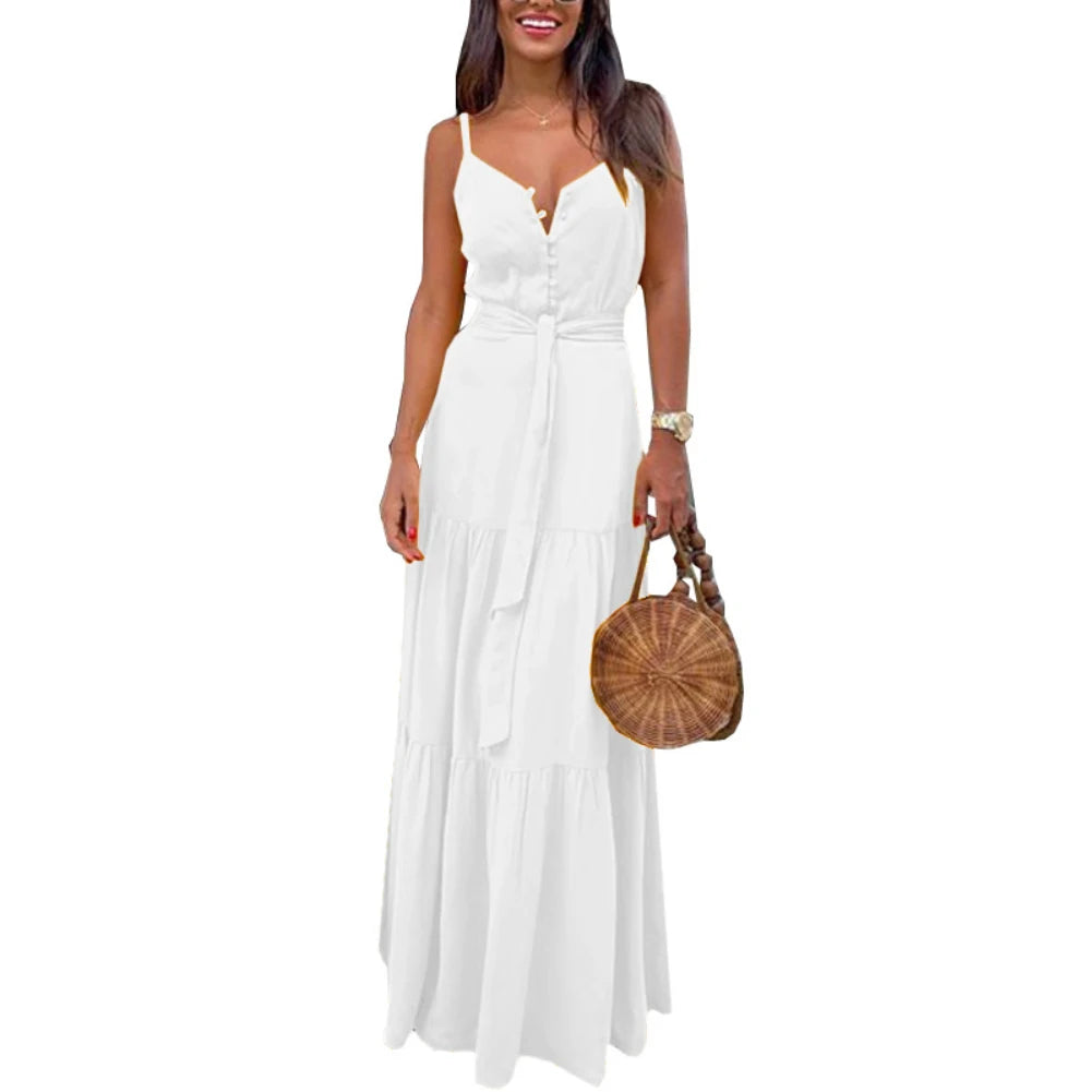 dress Sexy Women Maxi Dress Bohemian Sleeveless Dresses Women V-neck Solid Sleeveless Belted Maxi dresses for women