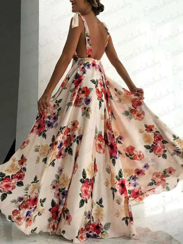 Women Boho Summer Floral Sleeveless V-Neck Backless Vintage Long Maxi Dress Ladies Party Evening Summer Beach Sundress