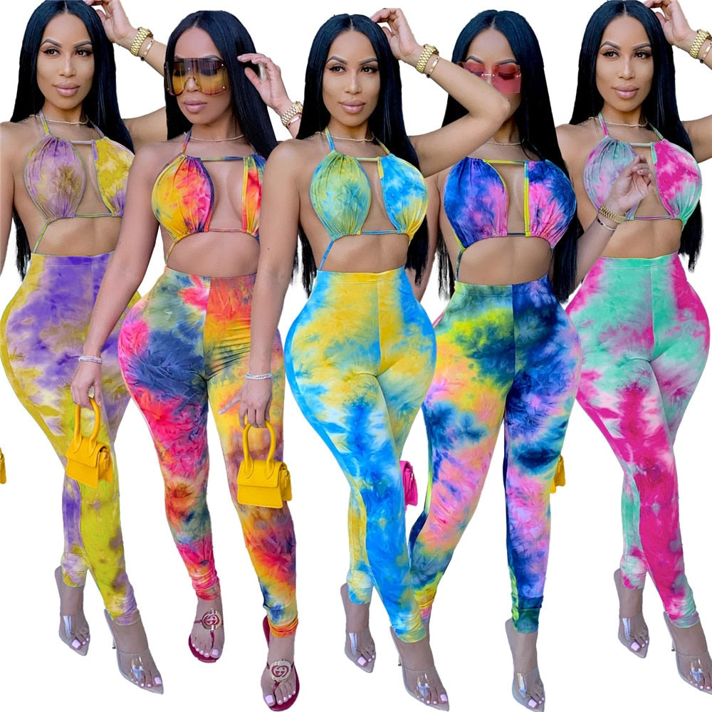 Tie Dye Print Sexy Jumpsuit Clubwear Women Rompers Halter Hollow Out Backless Party Bodycon Overalls for Women Macacao Feminino