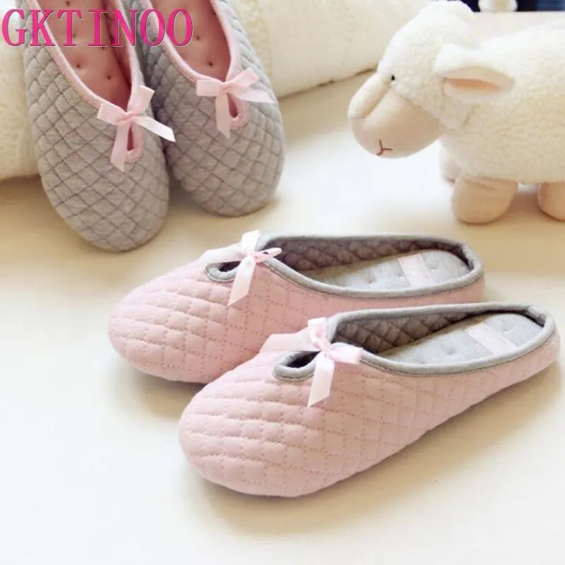 Lovely Bowtie Winter Women Home Slippers For Indoor Bedroom House Soft Bottom Cotton Warm Shoes Adult Guests Flats