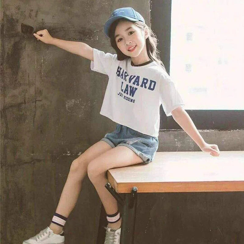 2023 Kids Girls Clothes Set Summer Short Sleeve T-shirt + jeans shorts hot pants Outfits Baby Clothing 4 5 6 7 8 9 10 11 12 year