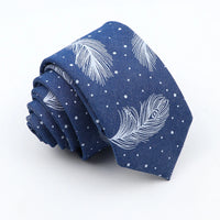 New Cotton Denim Ties For Men 7CM Floral Feather Dot Blue Neck Tie For Wedding Party Casual Print Slim Neckties Daily Wear Gift