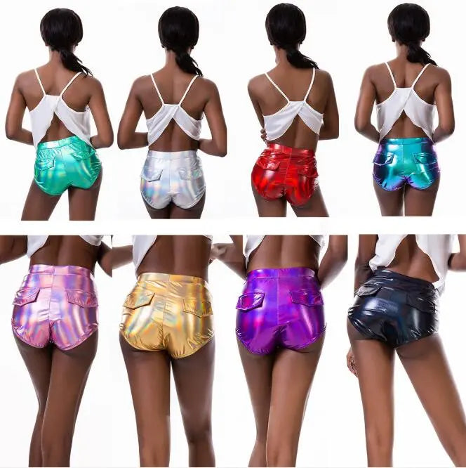 PU Flashing Metallic Colors Hot Shorts Sexy Elastic Waist Drawstring Short Pants Women Running Jogging Gyms Fitness Sport