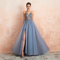 Pink Beaded Prom Dresses Plus Size 2023 Long Elegant See Through A Line Split Tulle V Neck Spaghetti Strap Evening Gown