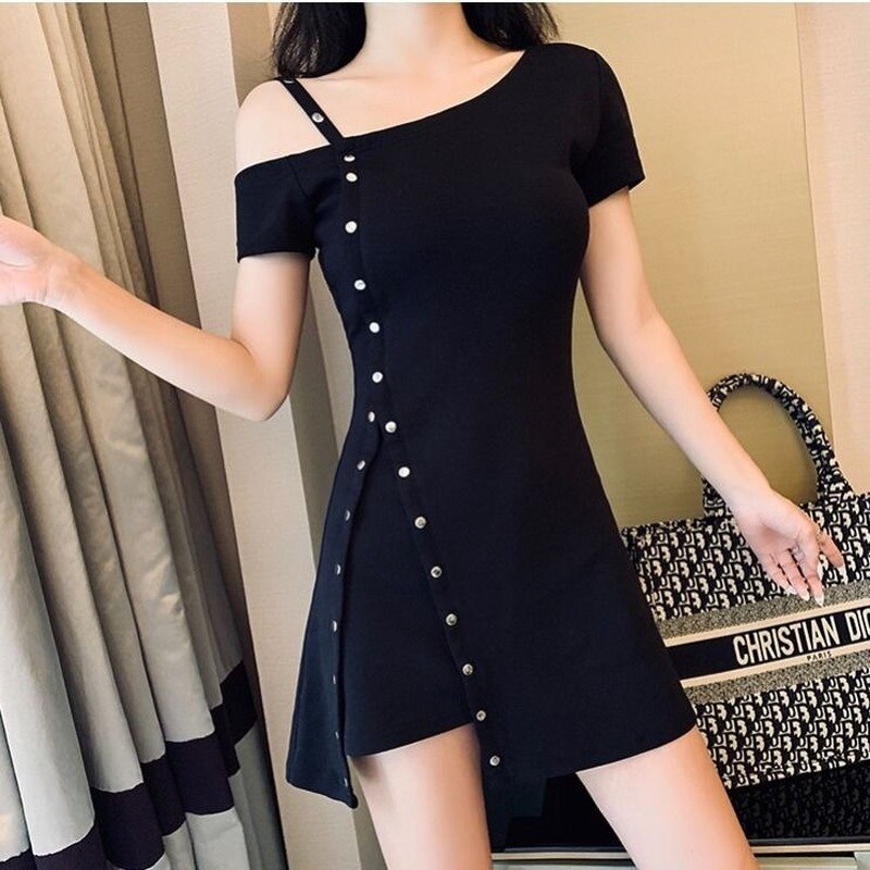 Dress Women Sexy Irregular Thin Summer Hot Chic A-line Womens Fashion Ulzzang Elegant Trendy Simple Ins Mini Off-shoulder Casual