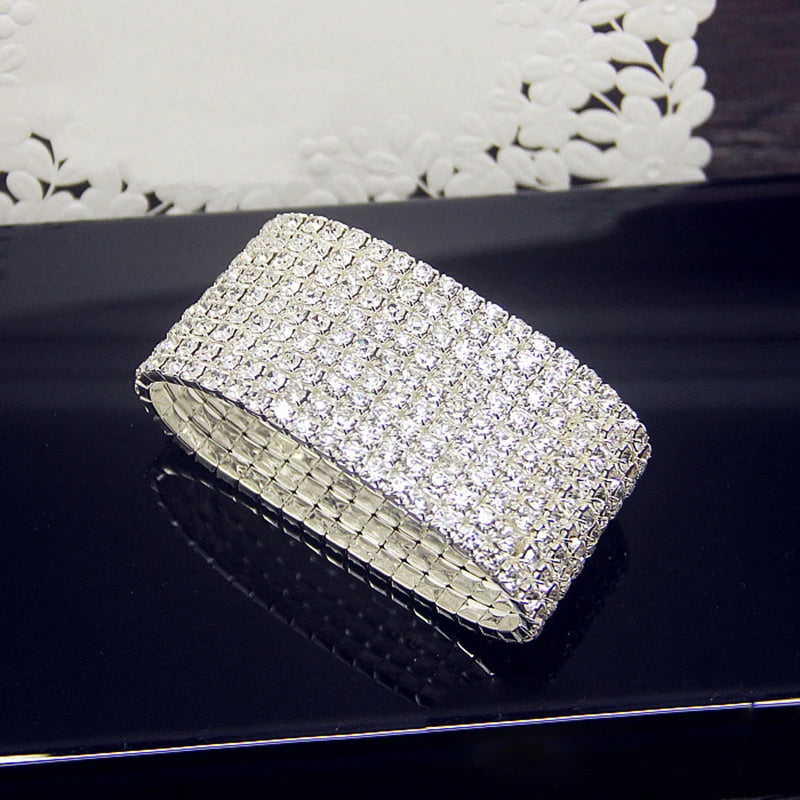 TREAZY 1-10 Rows Rhinestones Bridal Wedding Bangles Gold/Silver Color Crystal Stretch Bracelet Women Wristband Elastic Jewelry