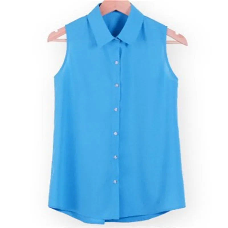 New Fashion Work Wear Office Tops Blouses Summer Turn Down Sleeveless Women Chiffon Shirt Slim Shirts Colors Female Camisa Vest